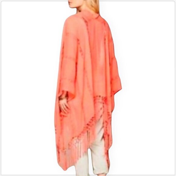 Free People Muche Et Muchette Rory Ruana Shawl Fringe Wrap Coral Peach Boho O/S - Picture 7 of 8